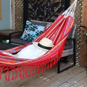 Handmade Ecuadorian Boho Style Lollipop Red Hammock with Fringe